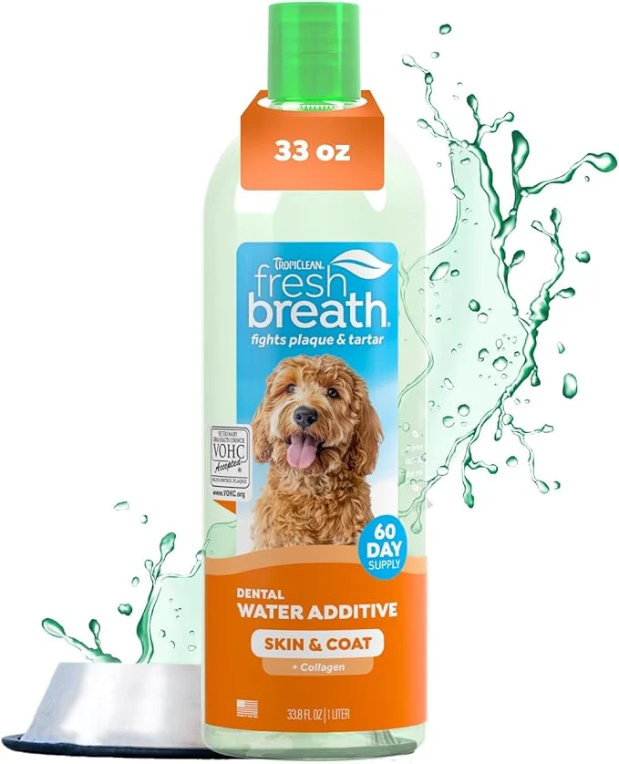Sustainable TropiClean Fresh Breath Water Additive for Dogs with Collagen Skin Health Support for Dogs Breath Freshener and Teeth Cleaning Solution 33.8oz.About This Smooth