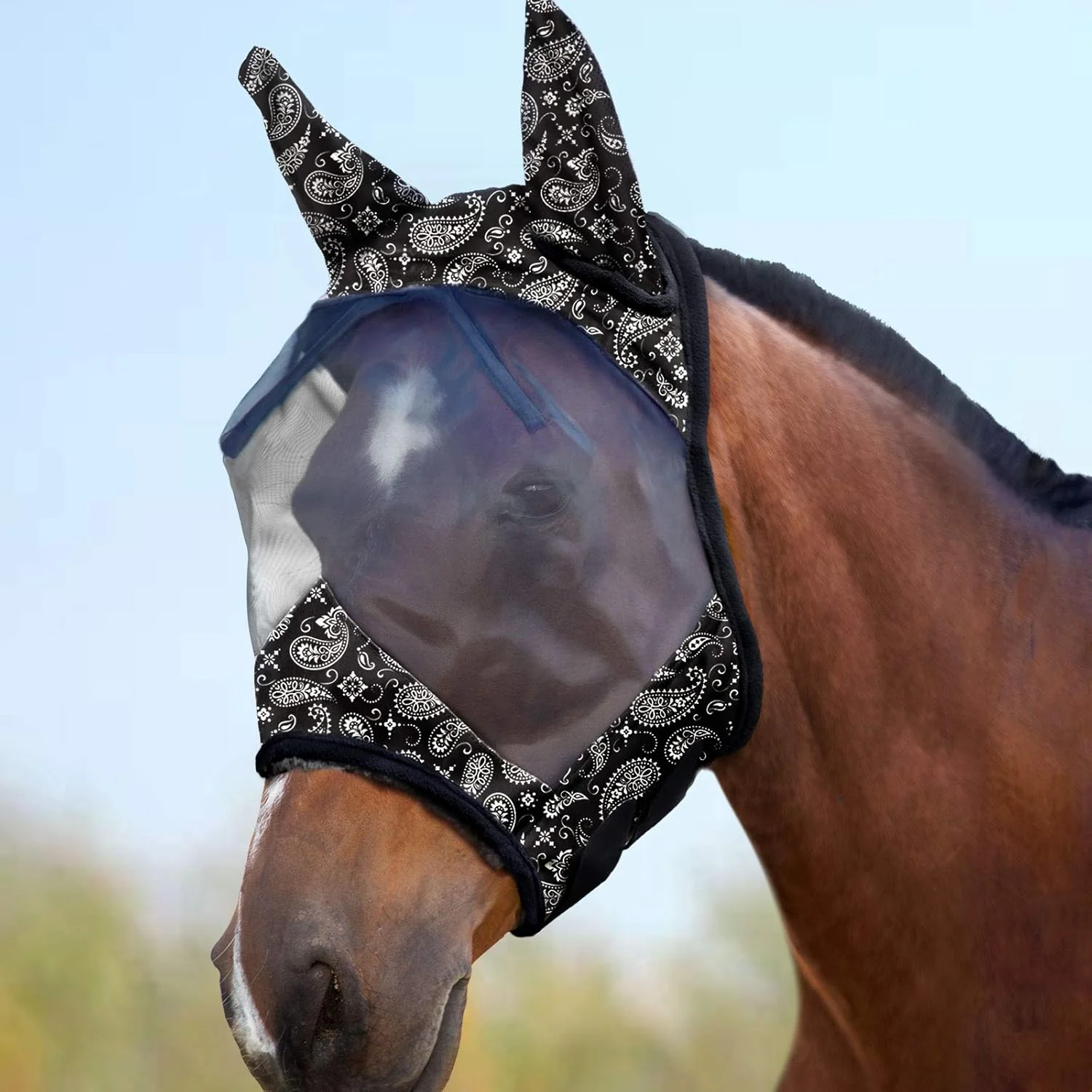 Advanced Harrison Howard LumiVista Horse Fly Mask Standard with Ears UV Protection for Horse Paisley Wave XL Extra Full Reliable