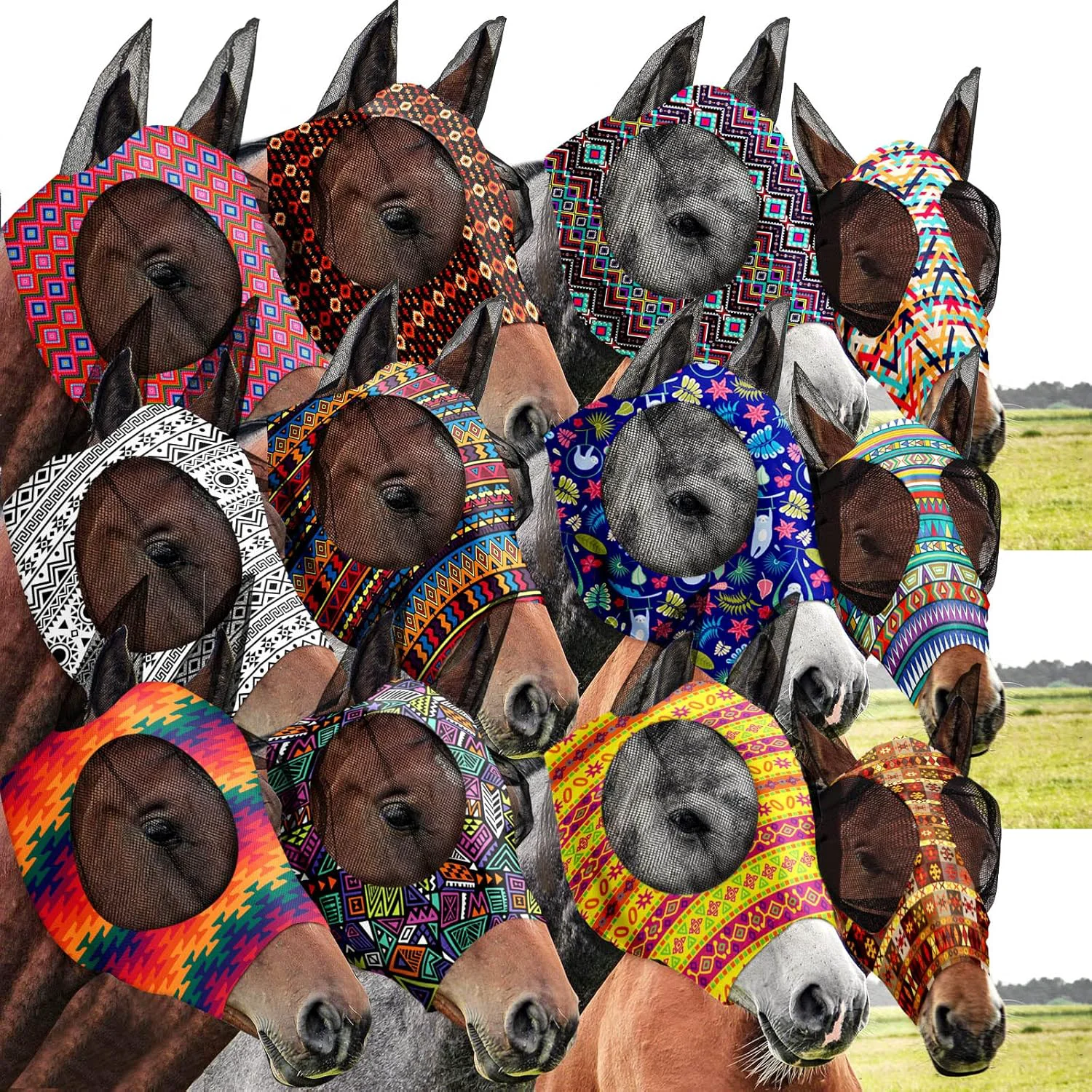 Recyclable Qualirey12 Pieces Horse Fly Mask Bulk Comfortable Elasticity Mask for Horses with Ears Net UV Protection Breathable Horse Supplies Face Covering for Horse Pony and Foal Geometric Patterns Medium Secure