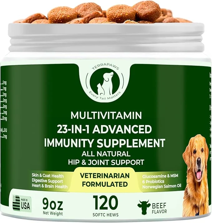 Sustainable 23-in-1 Multivitamin for Dogs – Soft Chews with Glucosamine Chondroitin MSM Probiotics Cranberry Biotin Zinc Salmon Oil Vitamins B C E – Hip Joint Skin Digestive Immune SupportAbout ThisOverview Classic