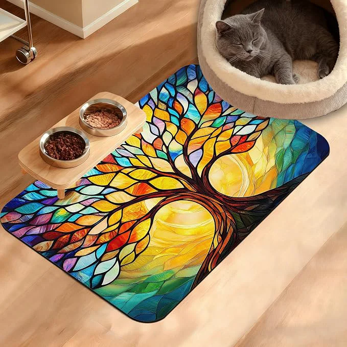 Practical Tree of Life Feeding Mat Colorful Tree Absorbent Quick-Dry Cat Dog Food and Prestigious