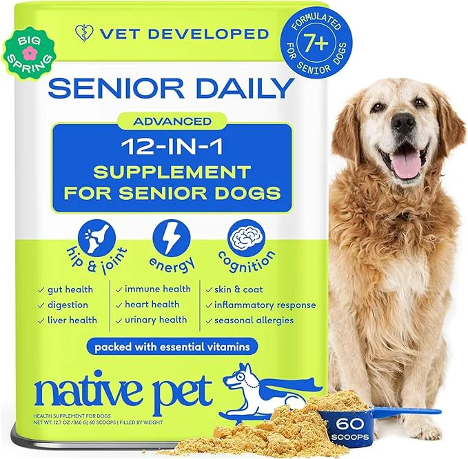 Elegant Native Pet Senior Daily Dog Vitamins Supplements – 12-in-1 Dog Multivitamin Powder for Senior Dogs – Supports Mobility Cognition Digestion Immune Health More – 60 ScoopsAbout This Relaxed