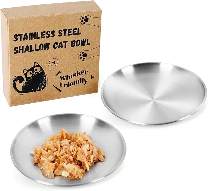 Convenient 2-Pack Stainless Steel Cat Food Bowls Shallow Whisker-Friendly Non-Slip High-End