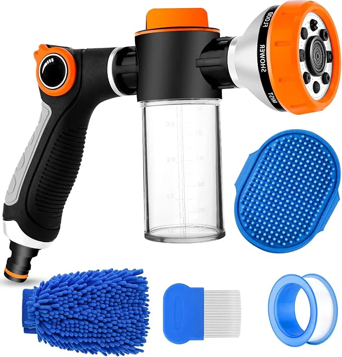 Innovative Upgrade Dog Washing Hose Attachment Soap Dispenser Dog Wash Hose Attachment with Pet Bath Brush Car Wash Mitt and Dog Comb for Showering Pet Hose Not Include About ThisOverview Practical