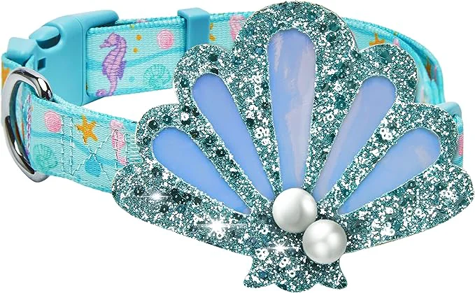 Solid Blueberry Pet Summer Sparkle Dog Collar Adjustable Large Size Neck 18 -26 Turquoise Ocean Fish and Seahorse Print Nautical Pet Collar with Detachable Seashells AccessoryAbout ThisOverview Expertly Made