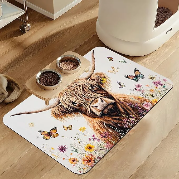Secure Highland Cow Butterfly Dog Food Mat–Christmas Stocking Absorbent Quick Dry Feeding Placemat for Food and Water Bowls Non Slip Rubber Backing Waterproof Pet Supplies for Mess- Eating 16 x24 About ThisOverview Quality
