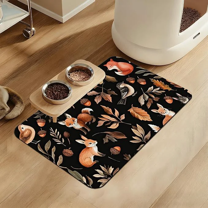 Secure Wild Forest Animals Pet Feeding Mat–Christmas Stocking Quick Dry Absorbent Dog Cat Food Mat Non Slip Waterproof Bowl Placemat for Messy Eaters Pet Accessories for Floors 12 x20 About ThisOverview Healthy