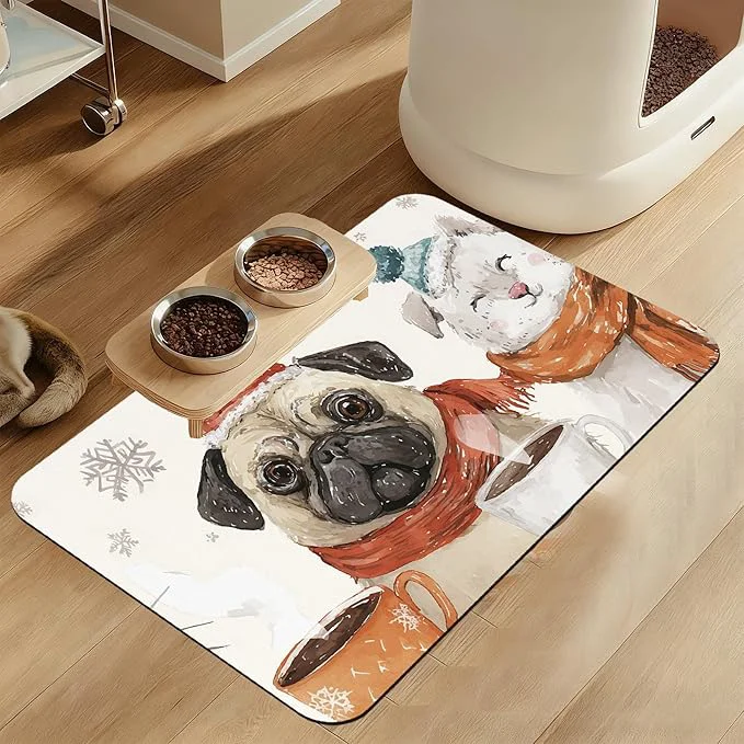 Sophisticated Chirstmas Dog Coffee Dog Cat Food Mat–Absorbent Waterproof Placemat for Food and Water Bowls Non Slip Rubber Backing Feeding Mat for Clean Floors 16 x24 About ThisOverview Certified