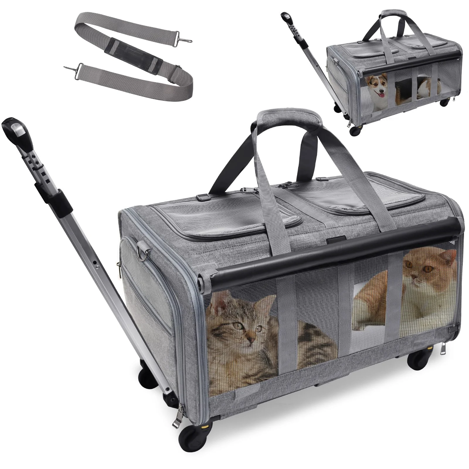 Certified GJEASE Cat Rolling Carrier for 2 Cats — Double-Compartment Wheeled Pet Carrier Quality