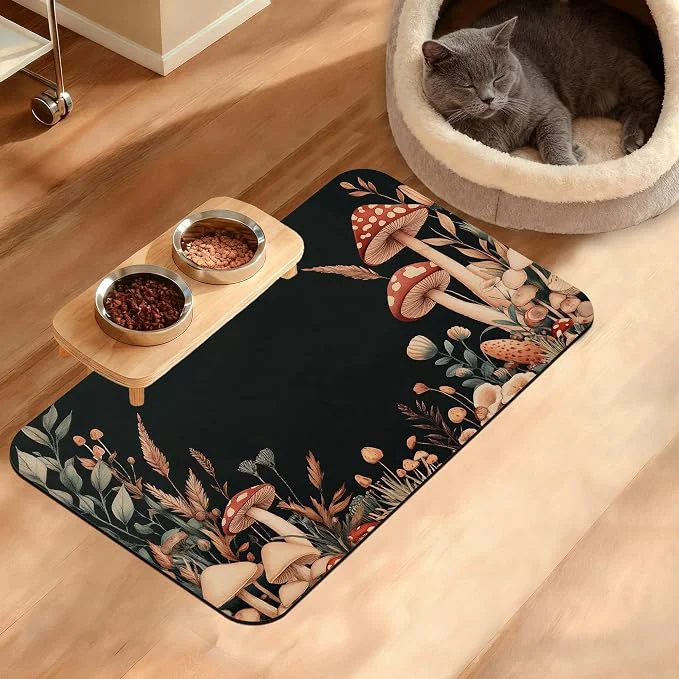 Premium Vintage Mushroom Dog Food Mat Leaf Absorbent Pet Feeding Mat Top-Quality
