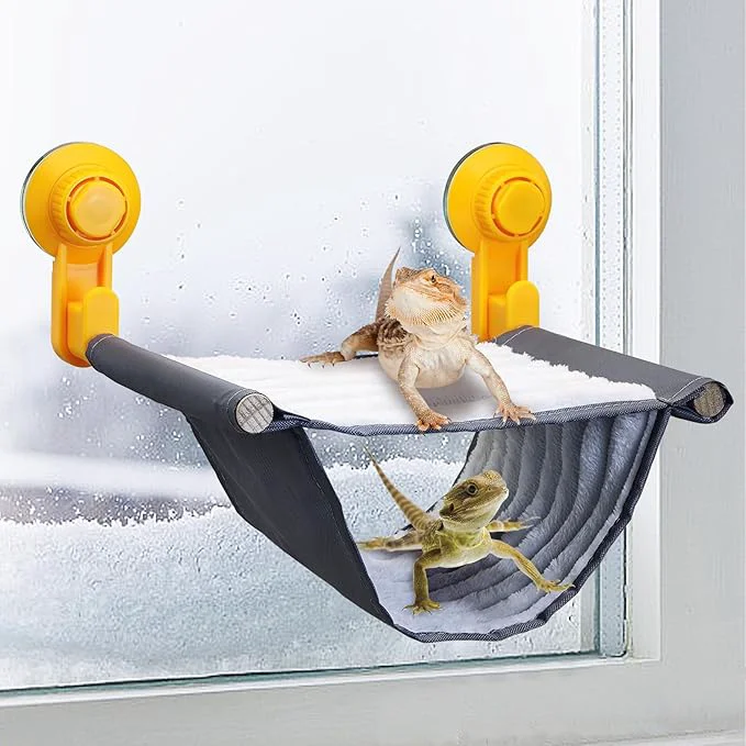Artisan BNOSDM Bearded Dragon Windows Perch Reptile Hammock with Strong Suction Cups Soft Warm Lizards Bed Double Layered Cage Accessories for Chameleon Geckos Snakes Grey Flannel 9”x 7.2”x 4.7”About ThisOverview Convenient