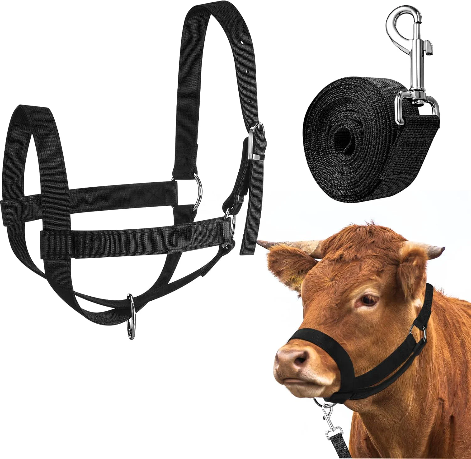 World-Class Hillban Cow Halter Cattle Halters Adjustable Calf Halter with Leading Rope for Miniature Horse Donkey Goat Foal Nylon Cattle Training Supplies Pure