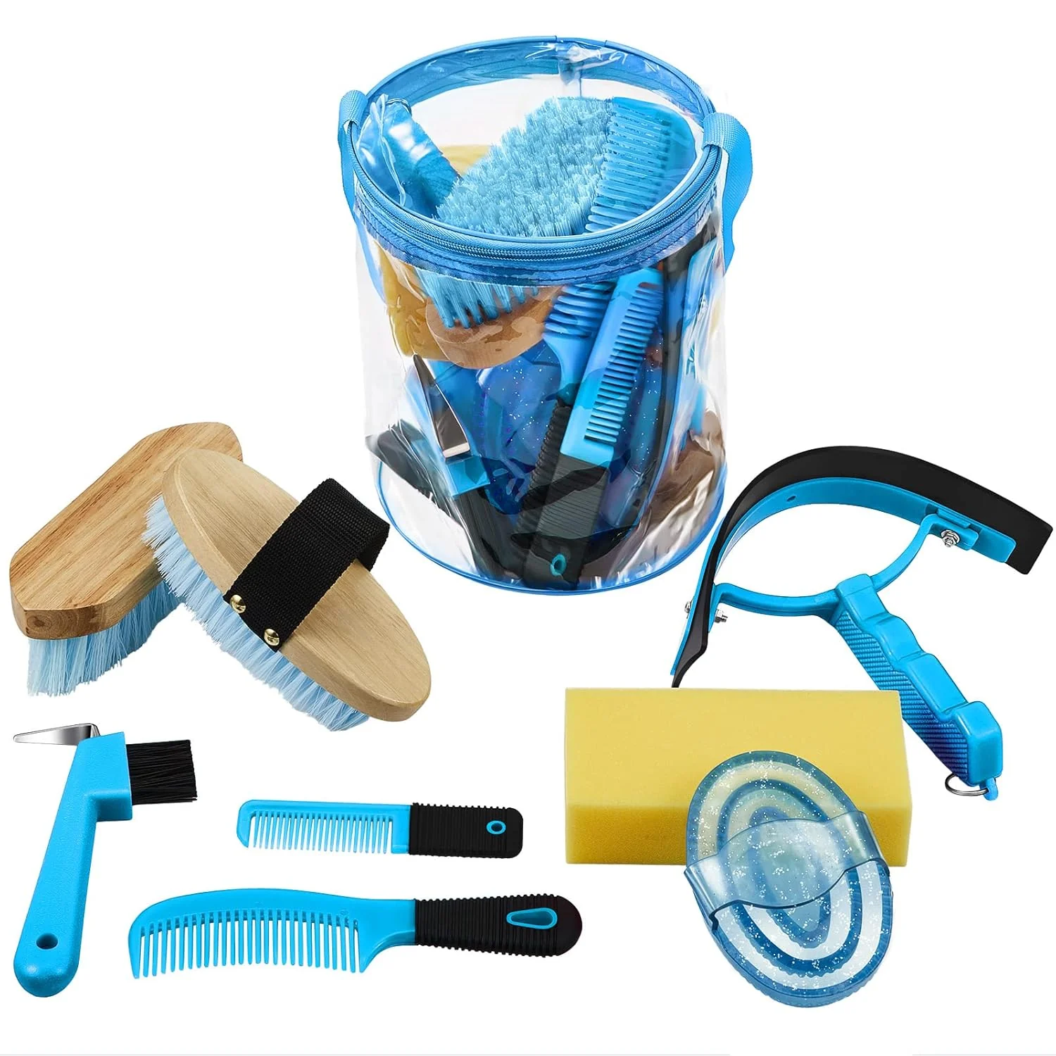 Superior 9 Pieces Horse Grooming Kit Tack Room Supplies Set with Organizer Tote Bag Oval Massage Curry Hard and Soft Brush Hoof Pick Sweat Scraper Bathing Sponge Combs for Horse Riders Beginners Blue Pure