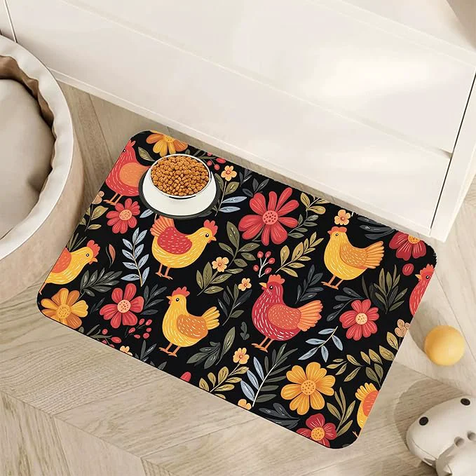 Luxury Chicken Rooster Hen Flower Meadow Dog Cat Food Mat Absorbent Pet Feeding Mat with Rubber Backing Non-Slip Water Bowl Placemat Indoor Pet Accessories Supplies 16 x24 About ThisOverview Fast