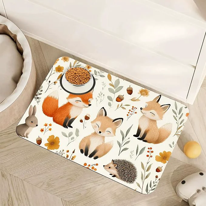 Top-Quality Fox Hedgehog Rabbit Forest Dog Cat Food Mat Absorbent Pet Feeding Mat with Rubber Backing Non-Slip Water Bowl Placemat Indoor Pet Accessories Supplies 16 x24 About ThisOverview Smooth