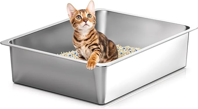 Elite Kirecoo Stainless Steel Cat Litter Box Small Metal High Sided Cat Pan Box Efficient
