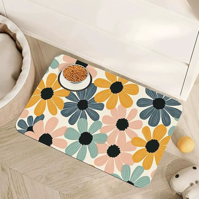 Original Abstract Daisy Flower Dog Food Mat for Floors Retro Groovy Flowers Absorbent Pet Food and Water Bowl Mats Non-Slip Pet Feeding Mat Pet Supplies 16 x 24 About ThisOverview Trendy