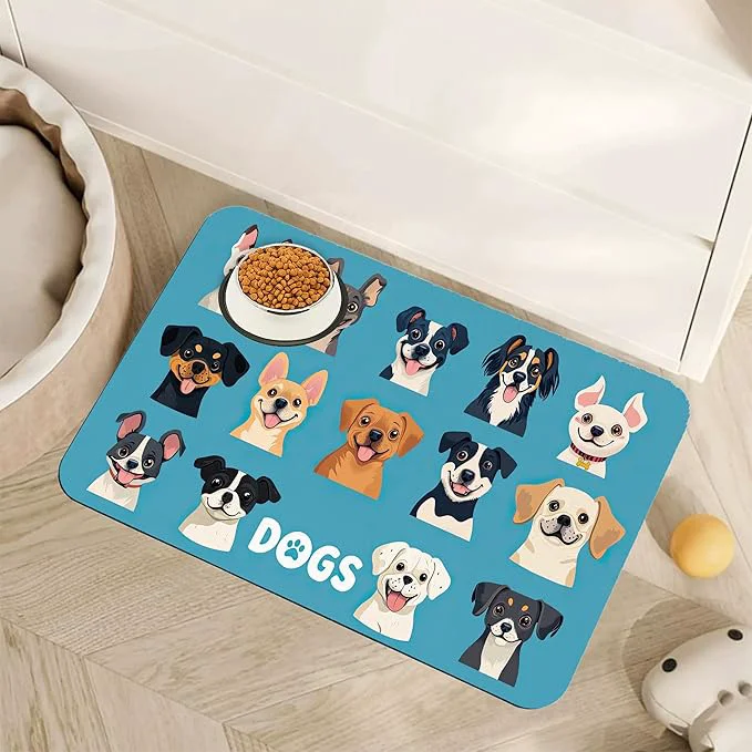 Environmentally Friendly Cute Dog Cat Food Mat Absorbent Pet Feeding Mat with Rubber Backing Non-Slip Water Bowl Placemat Indoor Pet Accessories Supplies 12 x20 About ThisOverview Traditional