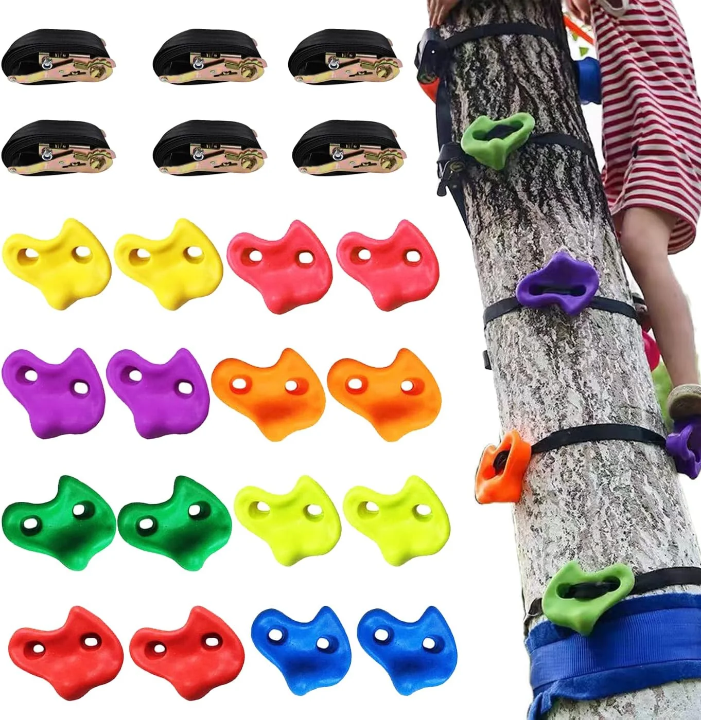Recyclable KINSPORY 16PC Tree Climbing Holds and 6pc Tree Ratchet Straps Climber Kit Oversized Pig Nose Climb Rock Holds Kit for Outdoor Ninja Warrior Obstacle Course Training Easy-to-Use