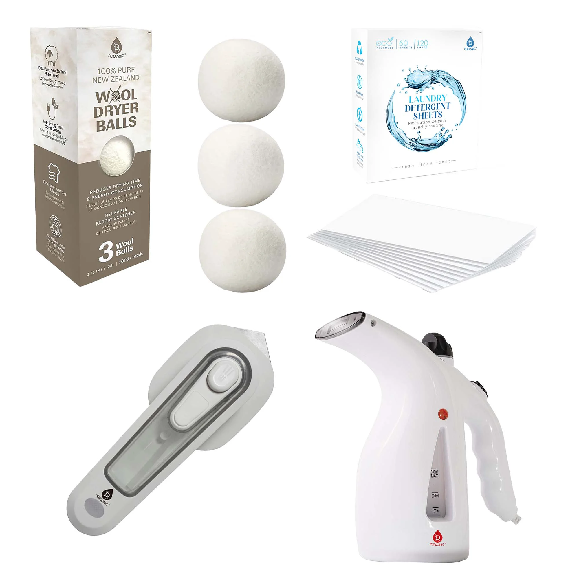 Sustainable Travel Laundry Essentials Set Garment Steamer Mini Iron Eco-Friendly Laundry Sheets and Wool Dryer Balls Clean