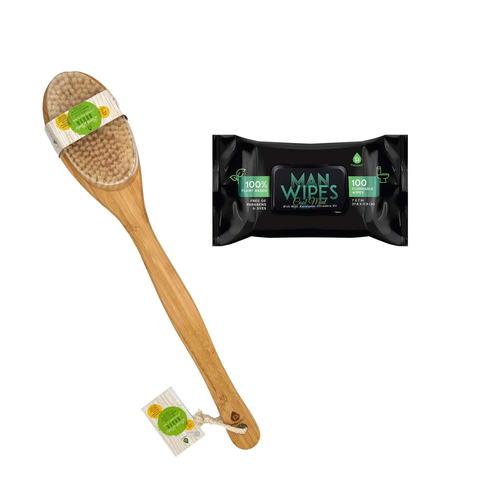 Optimized Clean Refresh Bundle 1200 Flushable Man Wipes Mint Scented – 12 Pack Bath Body Brush With Long Bamboo Handle Premium