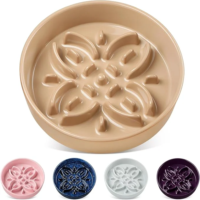 Efficient vancasso Ceramic Slow Feeder Dog Bowls Puzzle Dog Food Bowls with Floral Maze Anti -Slip Pet Food Dish for Medium Breed 1.5 Cups BrownAbout ThisOverview Verified