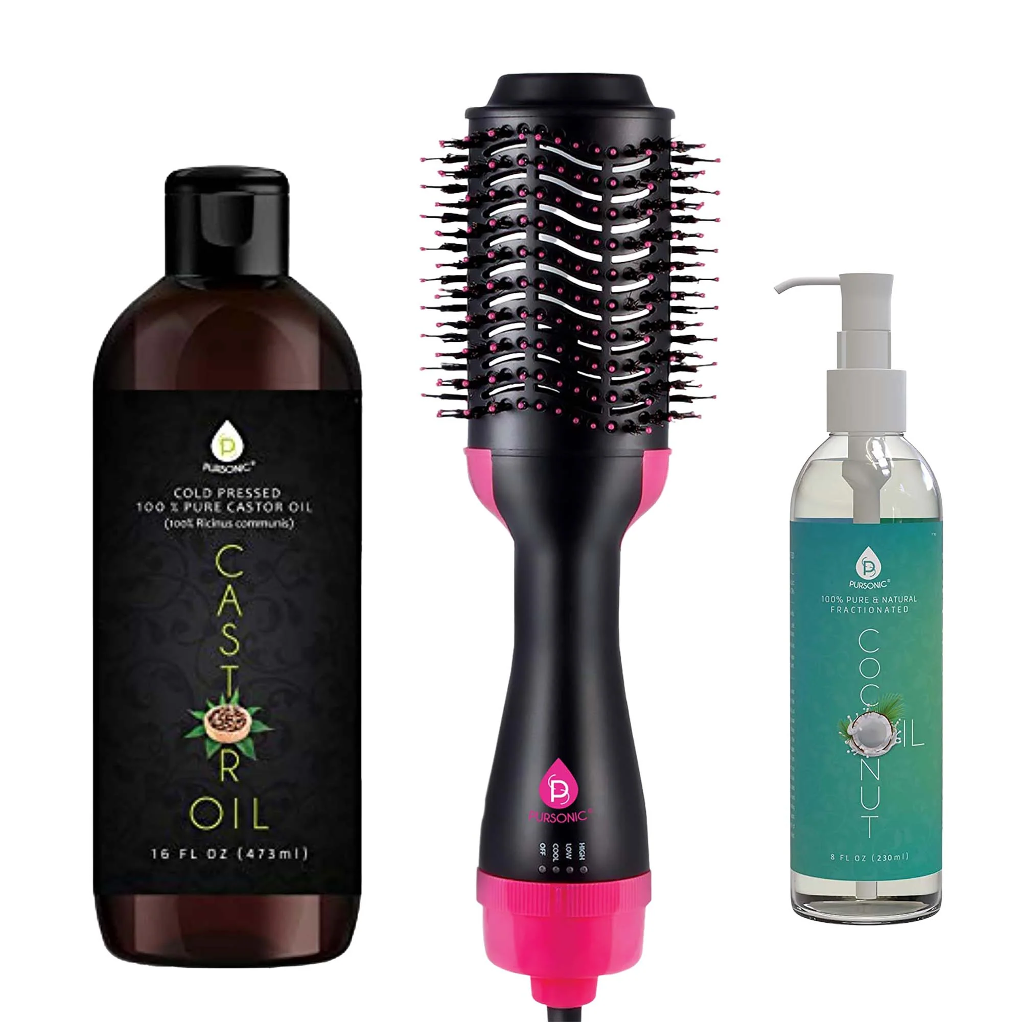 Refined Hair Strengthening Bundle Pursonic Fractionated Coconut Oil One-Step Hair Dryer Volumizer Brush and Cold-Pressed Castor Oil High-Grade