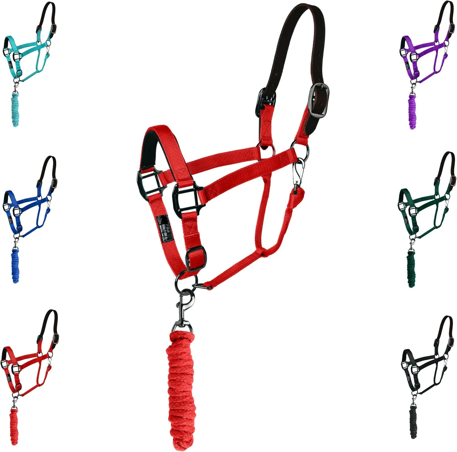 Stylish Majestic Ally Leather Halter with Matching Lead Rope for Horses – Leather Breakaway Crown – Adjustable Chin Strap – Rolled Throat Latch – Padded Noseband – Full Red Full Reliable