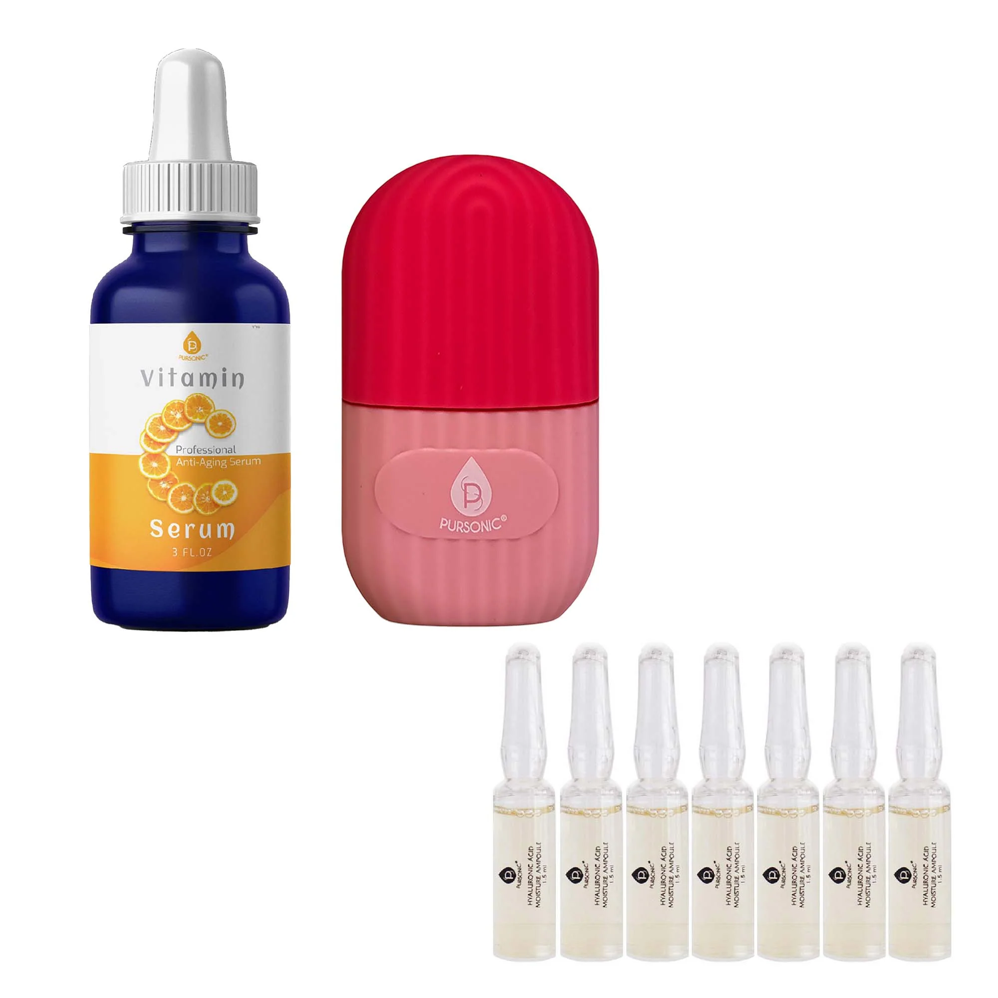 Recyclable Pursonic Radiant Glow Refresh Skincare Bundle Ice Cube Facial Roller Massager Vitamin C Serum Hyaluronic Acid Ampoule Set Luxury