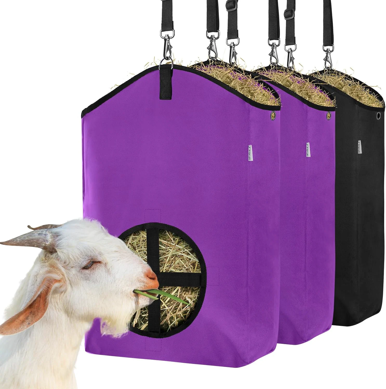 Smart 3 Packs Goat Hay Feeder Hay Bags for Goats Horses Sheep Premium 600D Oxford Cloth with Metal Fastener and Adjustable Open Feed Hole for Slow Feeding. 2Purple 1Black Superior