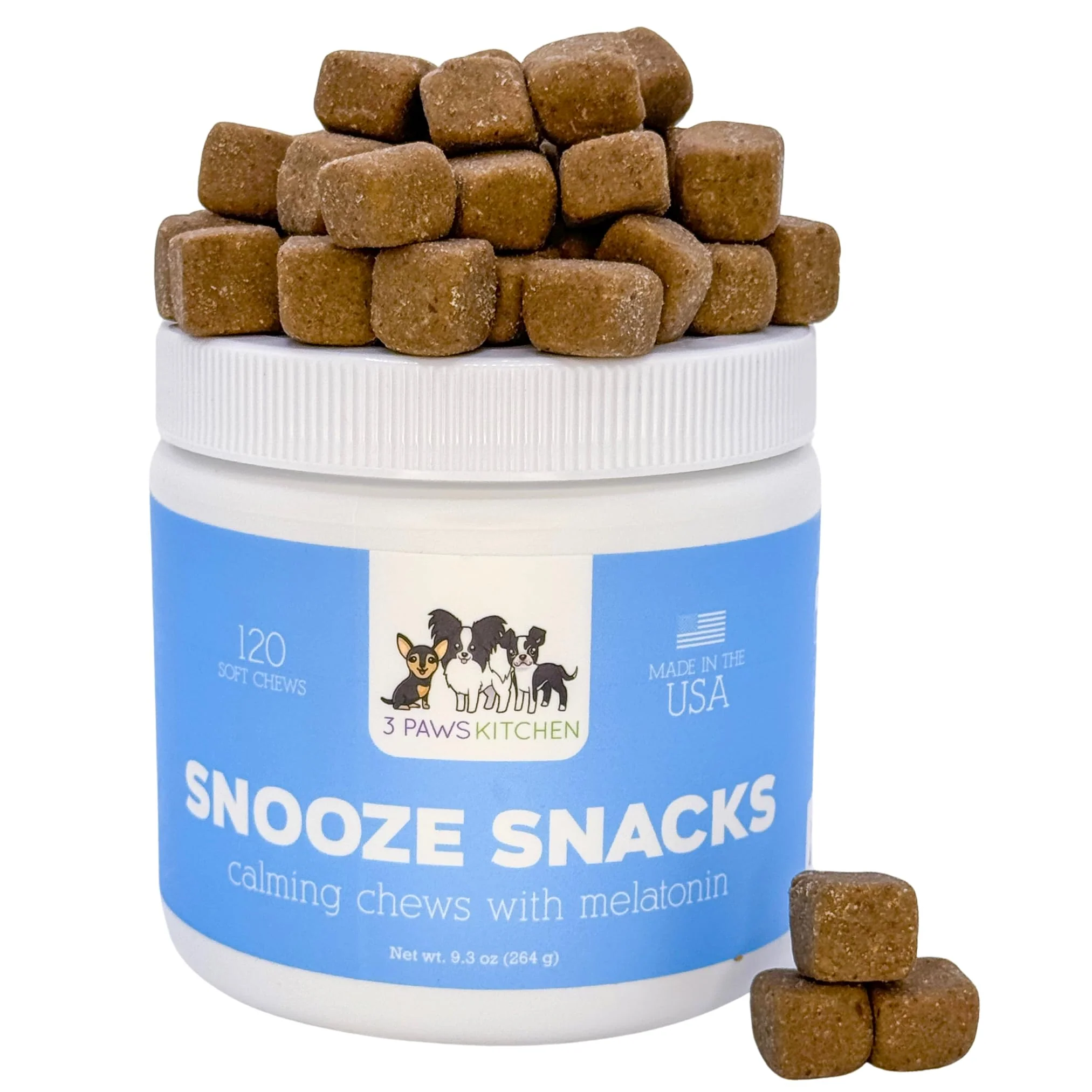 Premium Material 3 Paws Kitchen Snooze Snacks – Calming Dog Chews with Melatonin Chamomile Valerian USA Made High-Grade