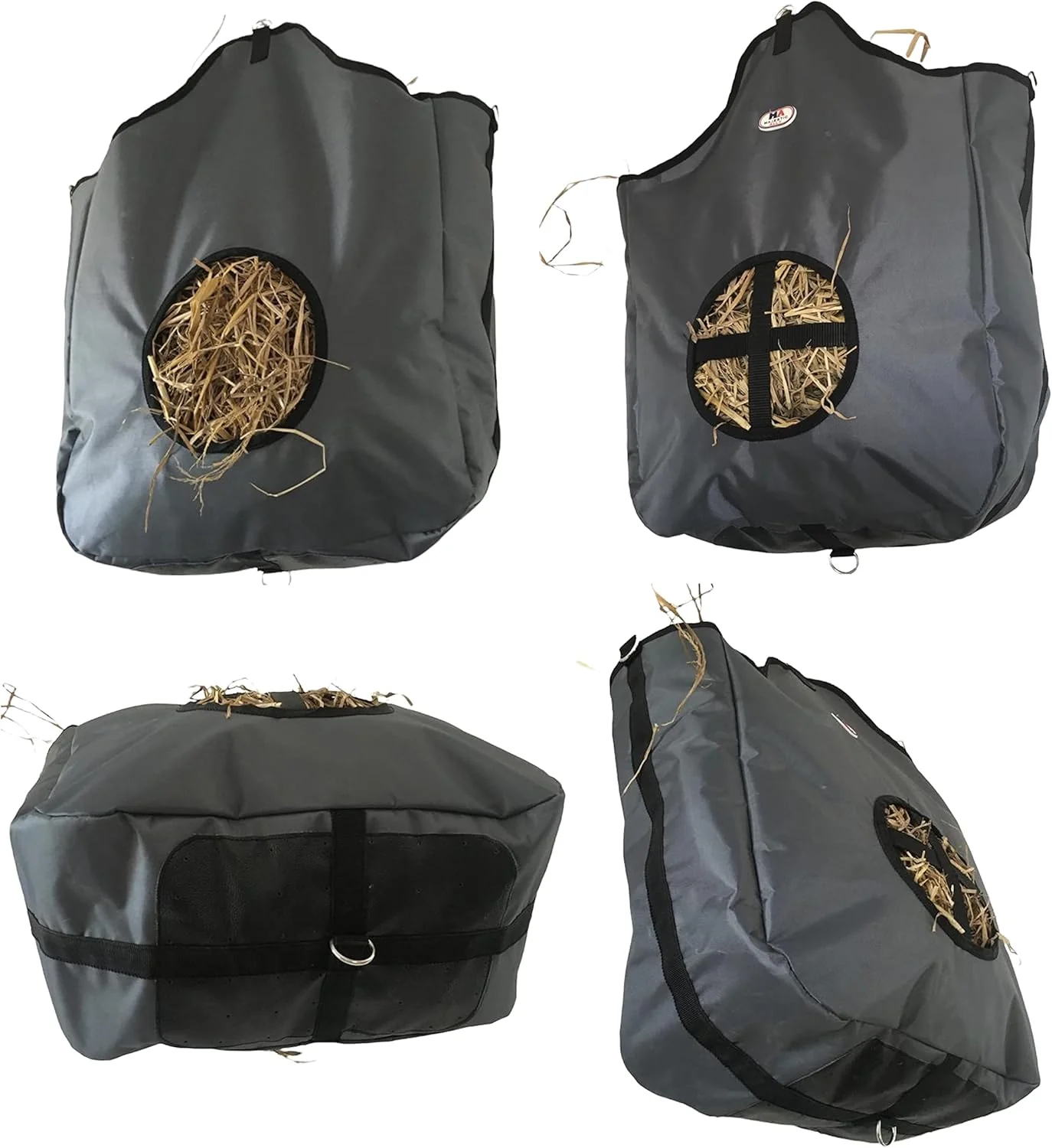 Casual Majestic Ally Nylon Hay Feeder Tote Bag for Horse Goat Sheep – Double Sides Open Feed Hole with Faux Leather Ventilated Bottom- Premium Quality -Simulates Grazing – Reduces Waste Dark Gray Prestigious