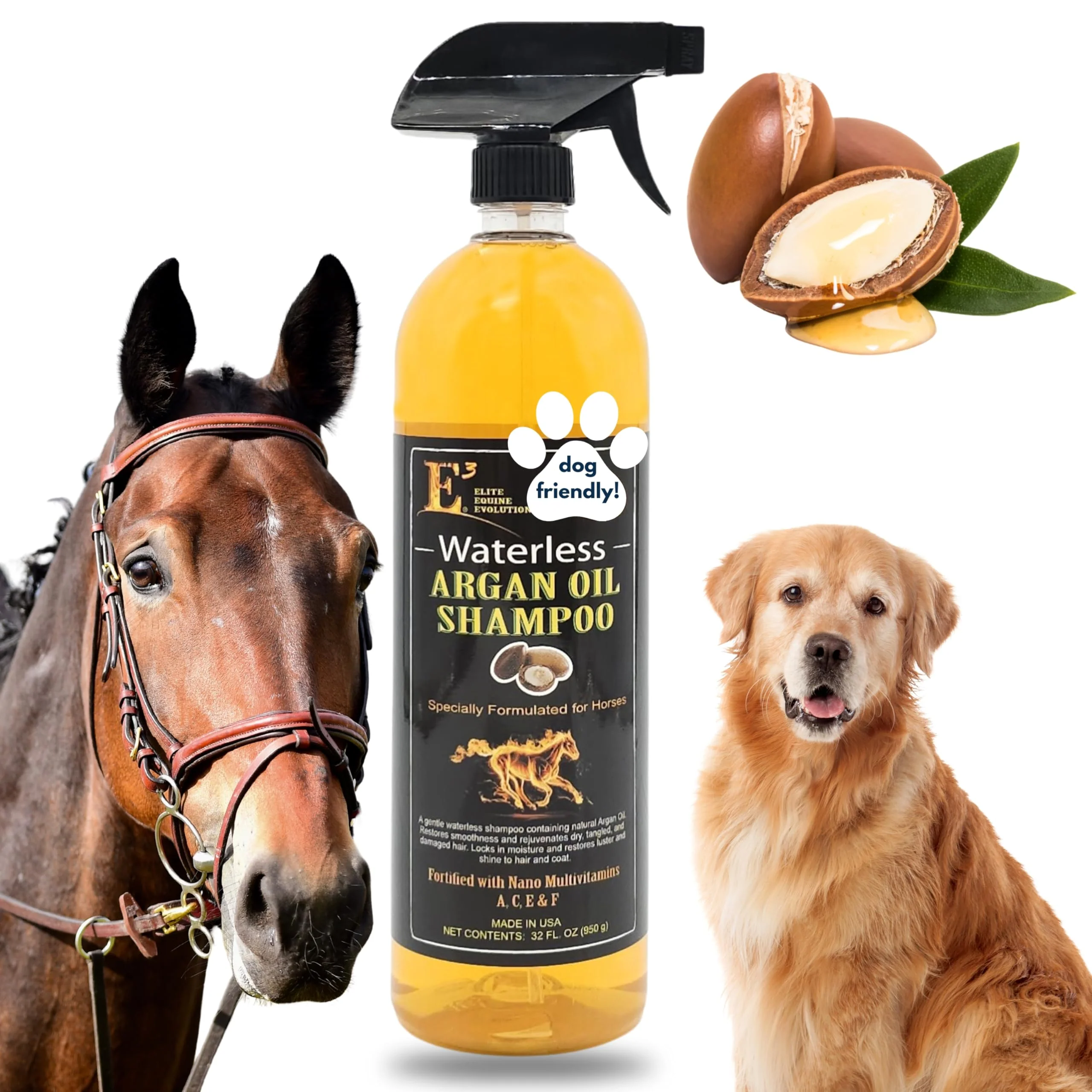 Professional E3 Waterless Argan Oil Shampoo for Horses – Mane Tail Care 32 oz High-Quality