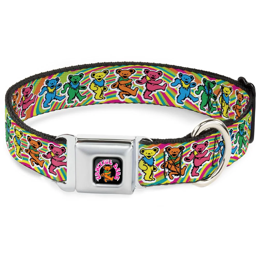 Certified Buckle-Down Grateful Dead Seatbelt Dog Collar – Quick Release Dancing Bears Swirl 13–17in 1.5in Flexible