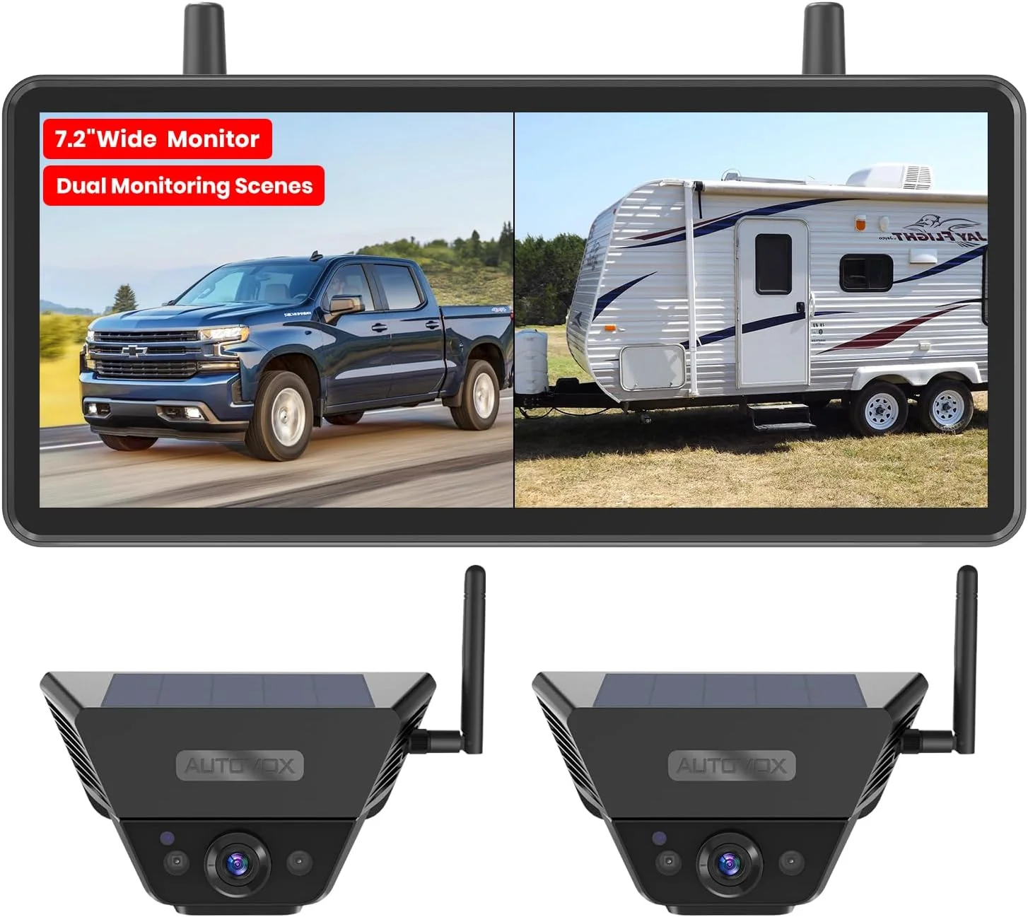 Elite Solar Backup Camera Wireless for R and Trailers No-Installation – 7.2 HD 1080P Monitor Dual Camera System Strong Magnetic Scratch-Proof Rear View Camera for Trucks Campers SU and Cars Easy-to-Use
