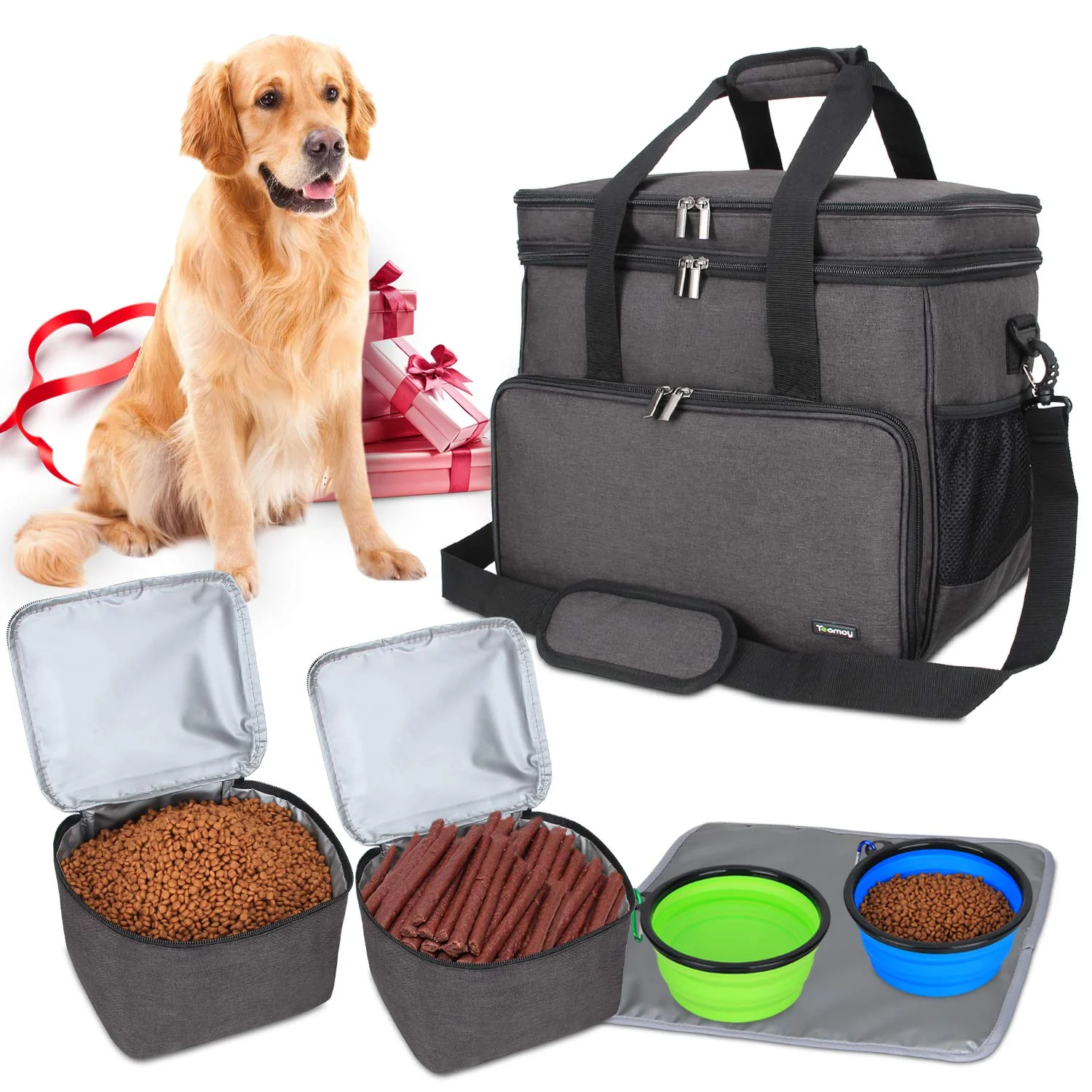 Reusable Teamoy Double Layer Dog Travel Bag – Weekend Tote with 2 Collapsible Bowls Food Carriers Convenient