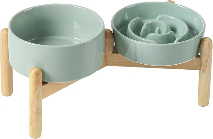 Fine Crafted Ceramic 0.9 Cup Raised Slow Feeder Dog Bowl Set d 6.1inch Water Bowl and 6.1inch Slow Dish with Wooden Stand for Small Dogs 2 x Light Green Stand About ThisOverview User-Friendly