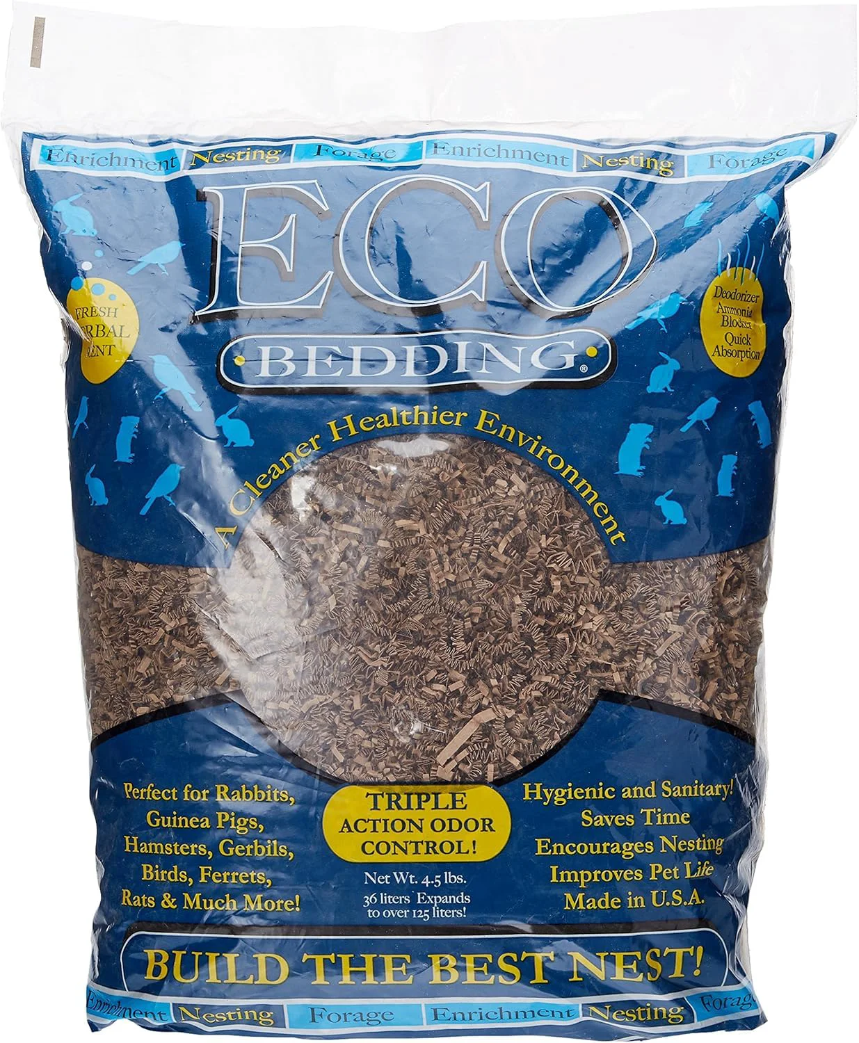 Soft ECO Bedding 99 Dust- Paper Bedding for Small Pets Birds Odor Control 4.5 lb Expands to 125 L Versatile