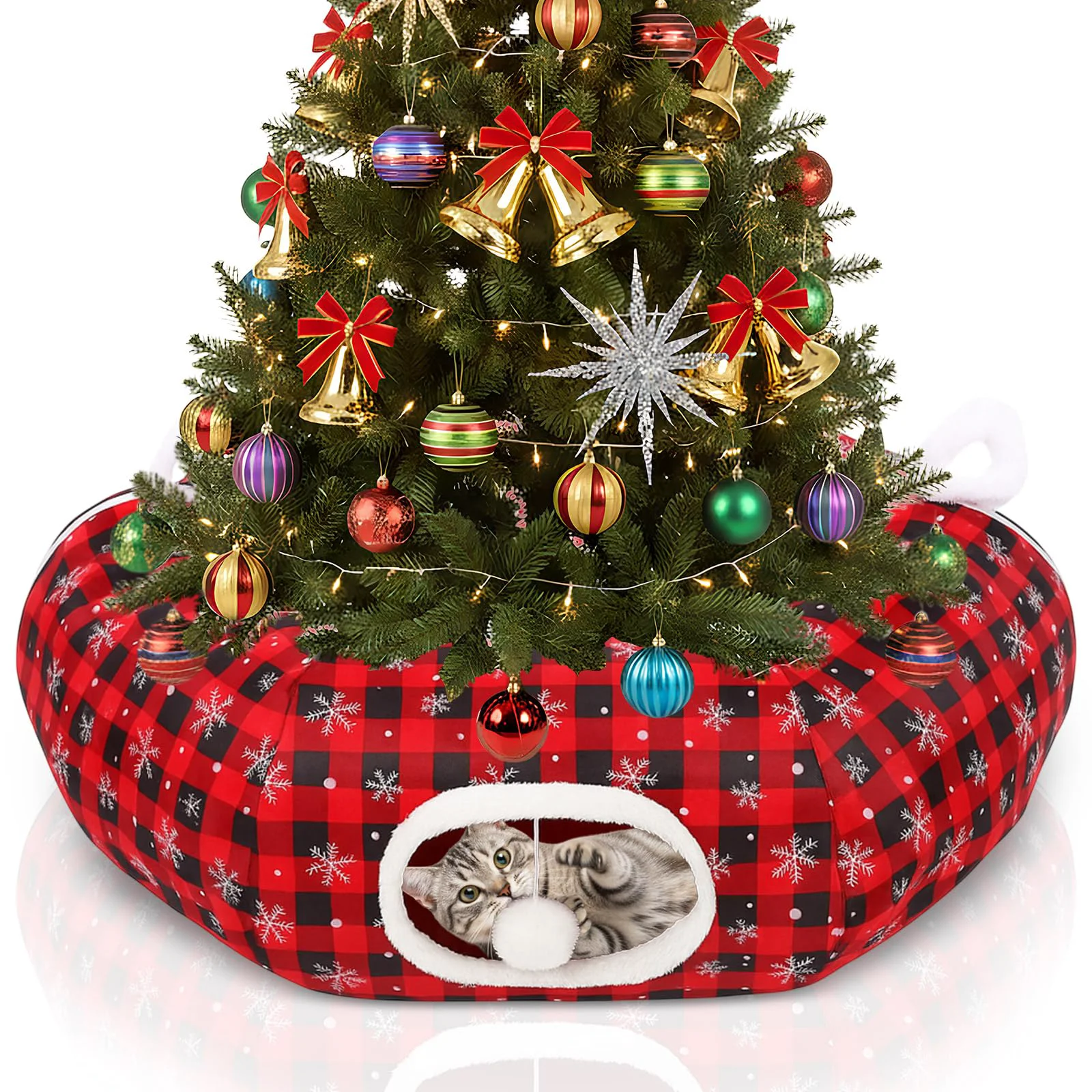 Official Arrowbash Christmas Cat Tunnel Bed – 3ft x 3ft x 9.8in Festive Snowflake Buffalo Plaid Hideaway under Xmas Tree Decor Recyclable