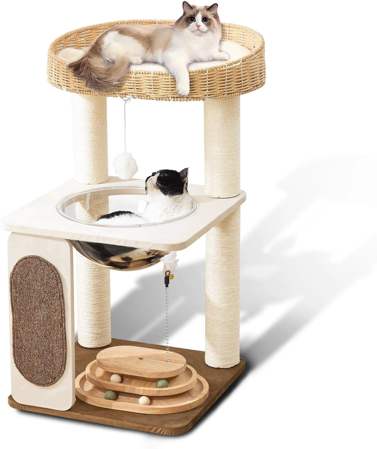 Clean Modern Cat Tree for Indoor Cats with Sisal Rope Scratching Posts Hand-Woven Cat Condo Top Perch Space Capsule Cats Nest Cute Cat Tree with Interactive Cat Toy Genuine