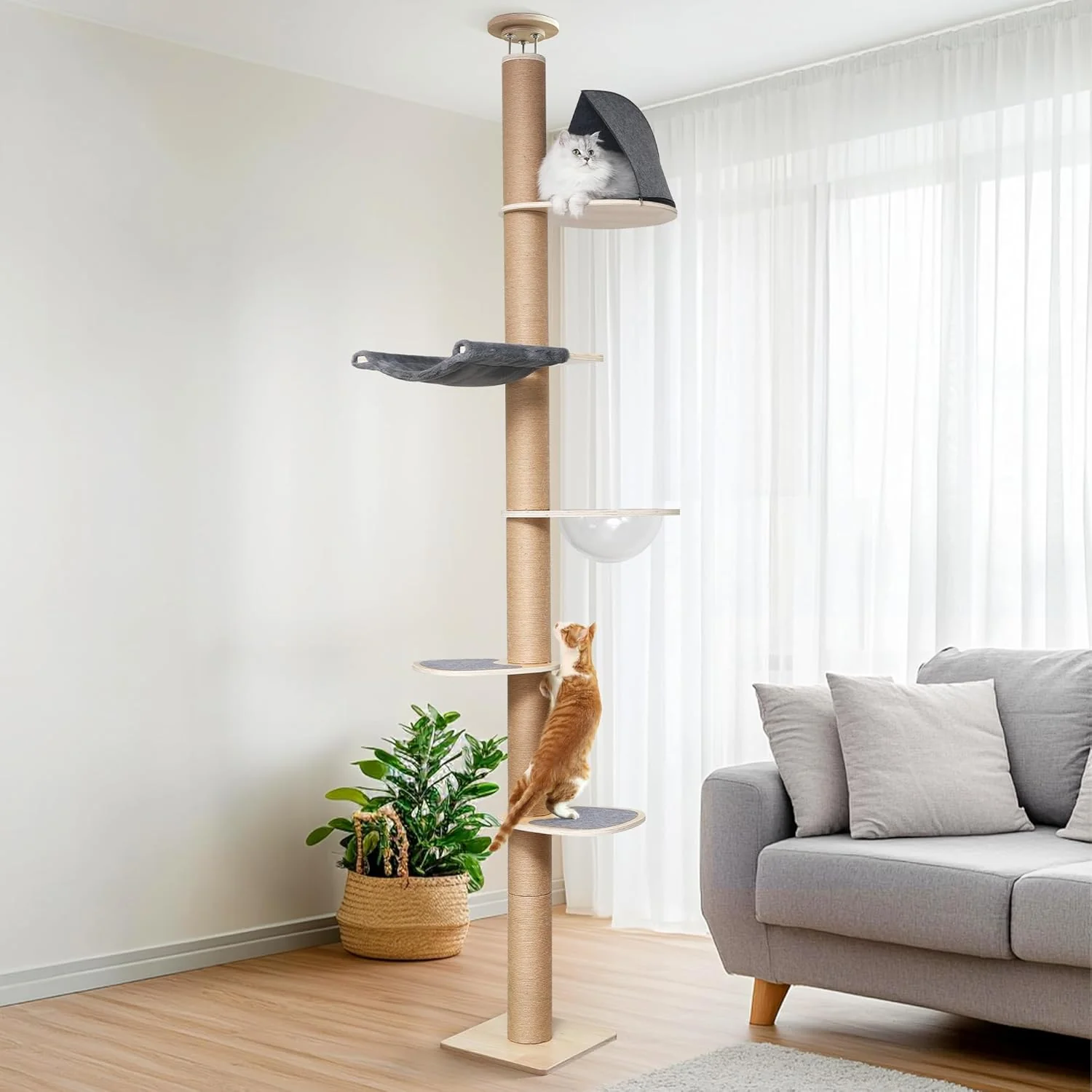 Safe FUKUMARU Floor to Ceiling Cat Tree 6 Level Adjustable Height 5.7-9.8 ft Climbing Tower with Thickened Scratching Posts Cats Activity Center with Transparent Capsule and Cozy Hammock Expertly Made