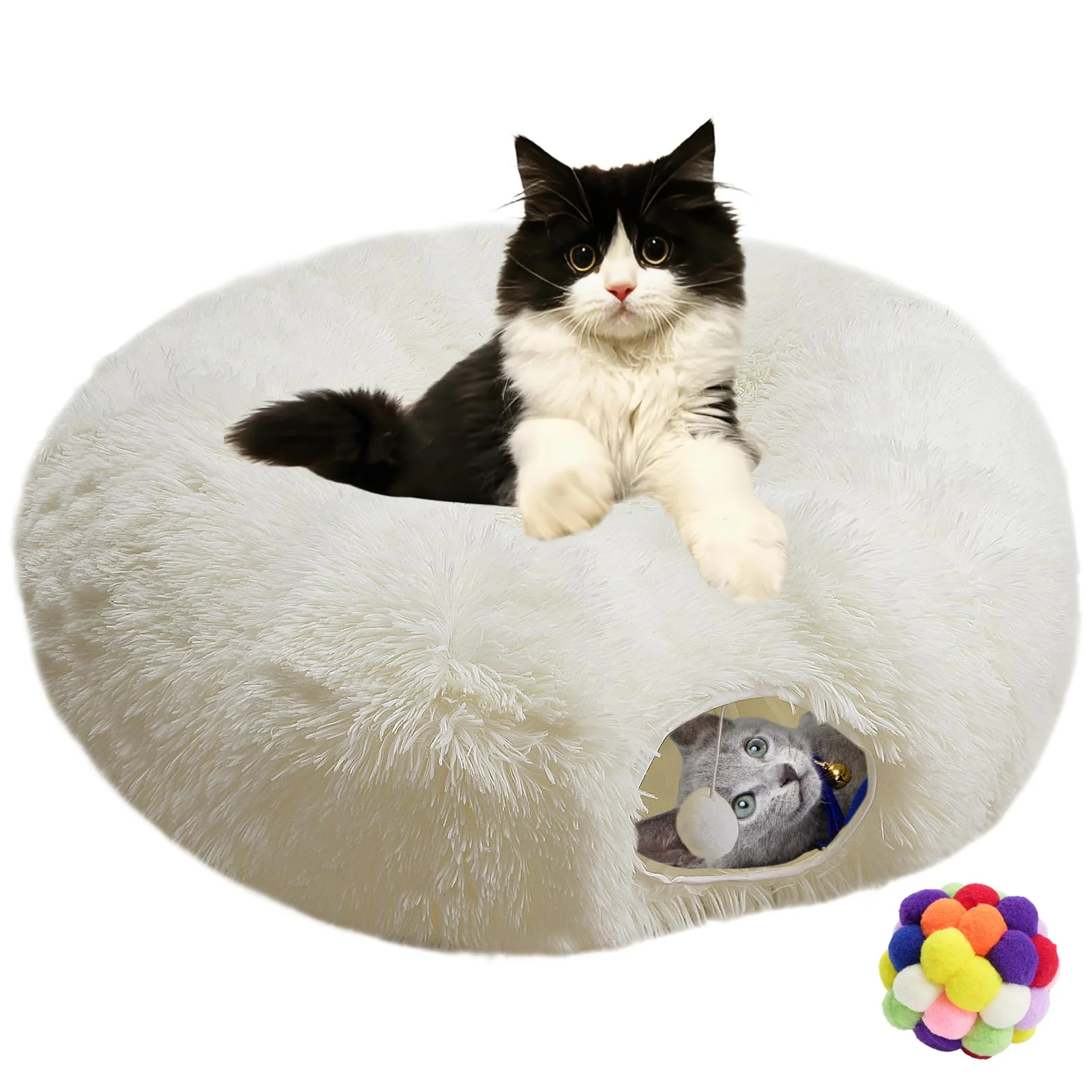 Professional Naielfopet White Fluffy Plush Cat Round Tunnel Bed Soft Donut Cat Cave Play Tunnel for Small Pets Original