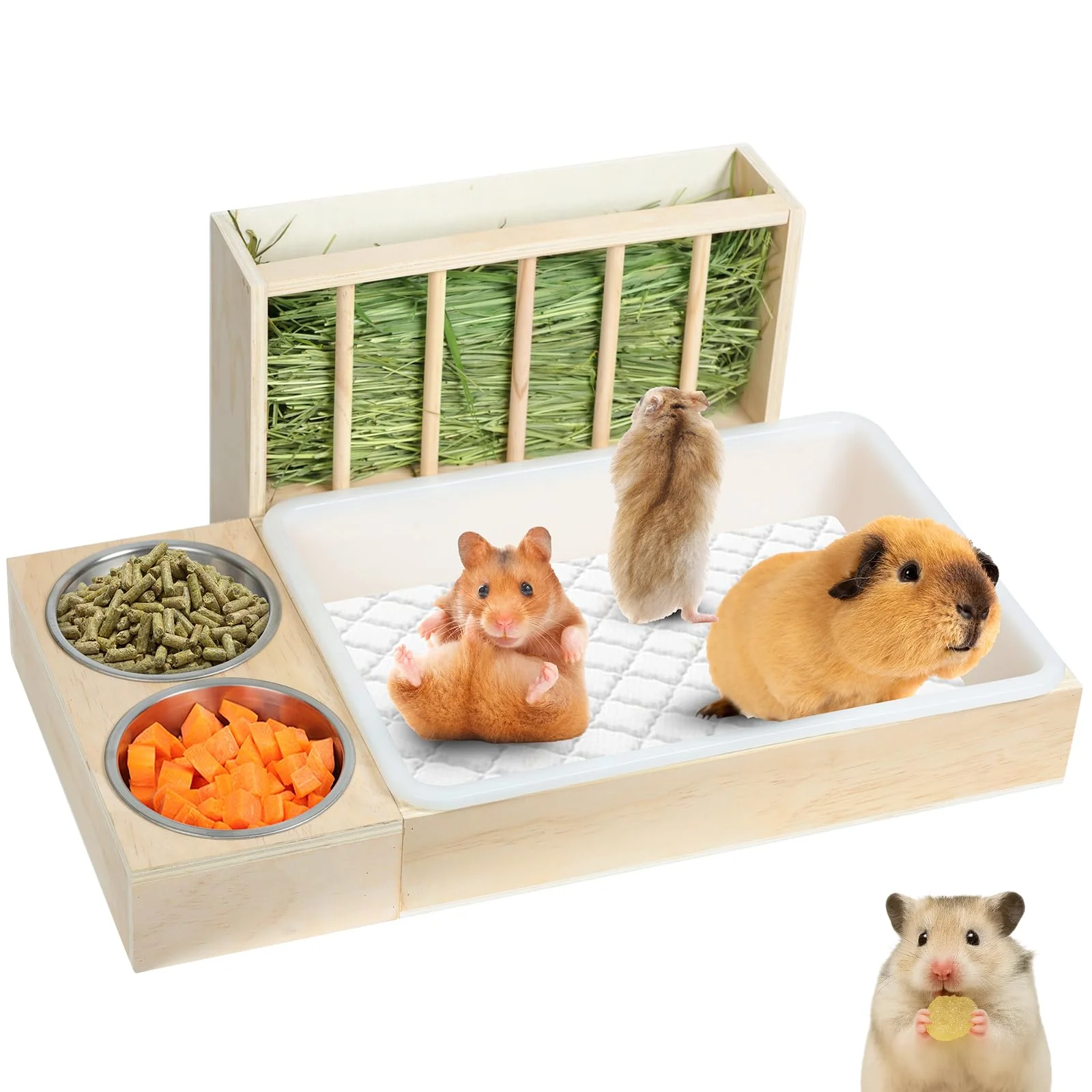 Healthy SANXHAMSTER 3-in-1 Rabbit Hay Feeder with Litter Box – Wooden Dual Bowls Waste-Preventing Design Proven