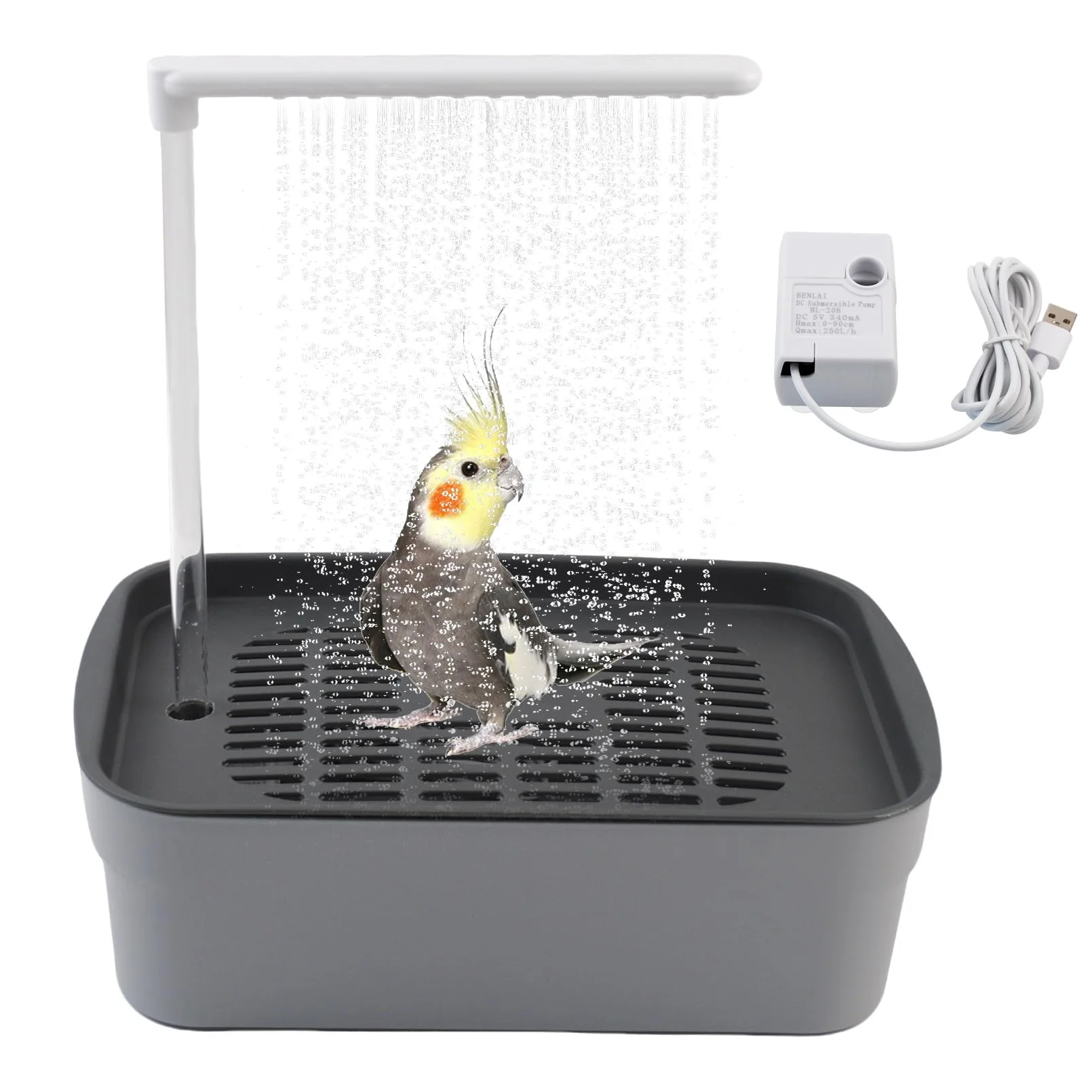 Stylish PINVNBY Automatic Bird Bath Shower for Cage – USB-Powered Parrot Bath Box Gray Organic