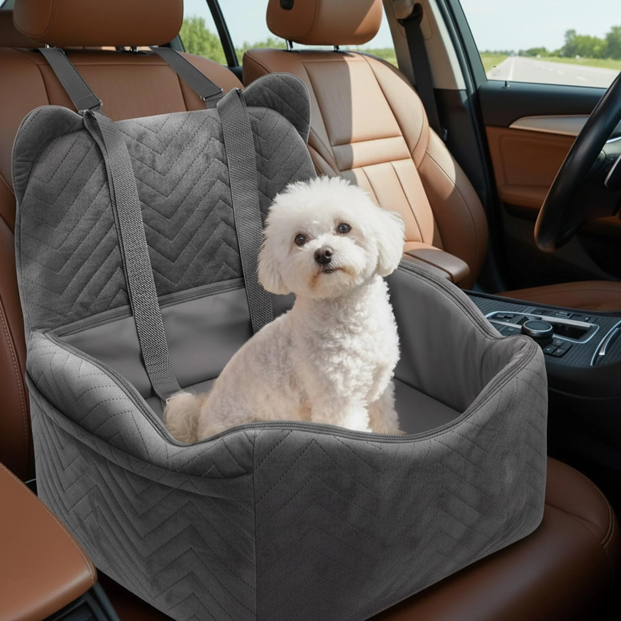 Recyclable Anywish Dog Car Seat for Small Medium Dogs up to 30 lbs Memory Foam Booster with Waterproof PU Cover Storage Pockets Enhanced