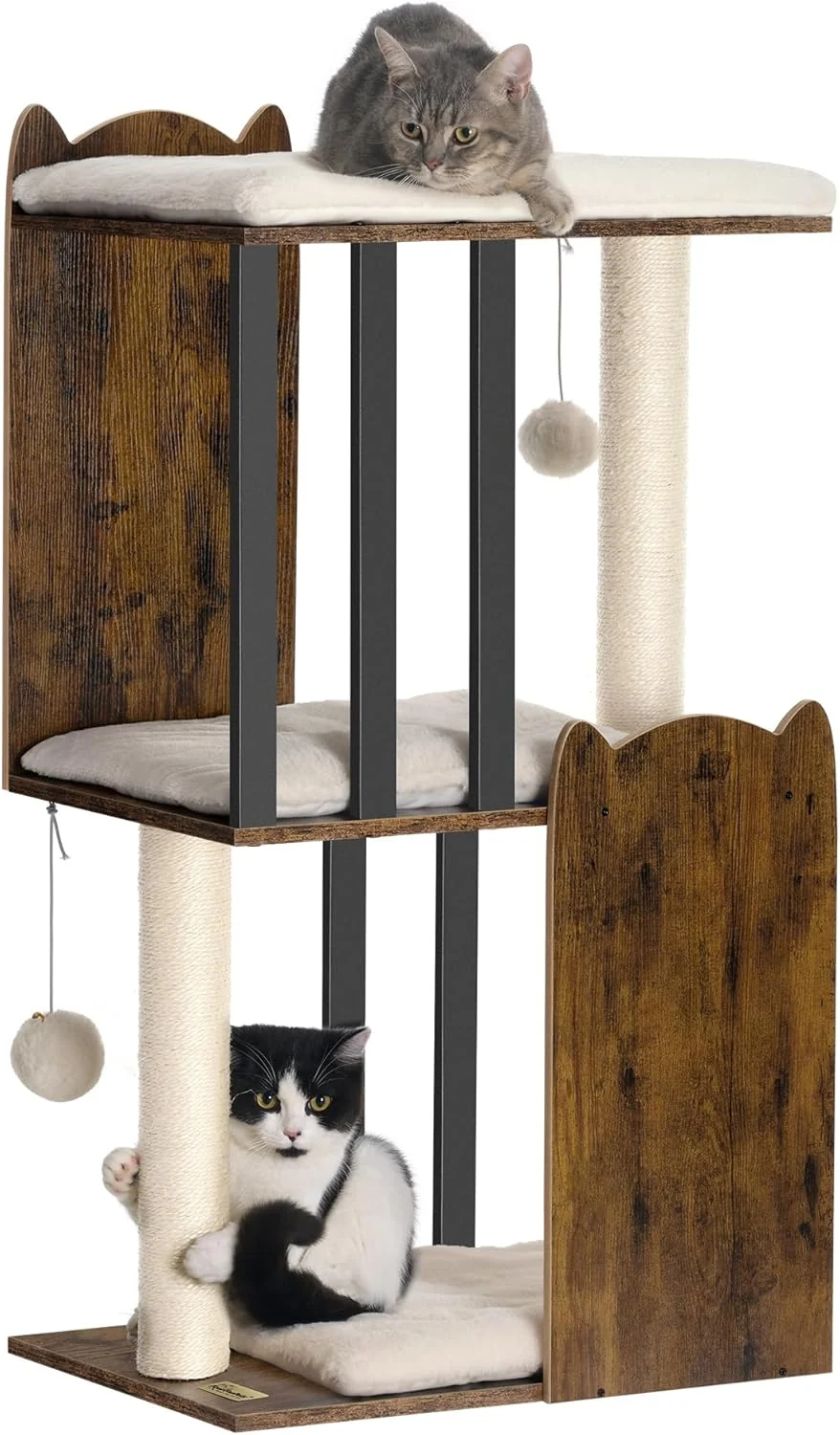 High-Quality FourFurPets 35.4in 3-Tier Modern Cat Tree Tower Condo Cat Scratch Posts for Indoor Cats Big Plate Two Full Sisal Scratching Posts Rustic Brown Premium