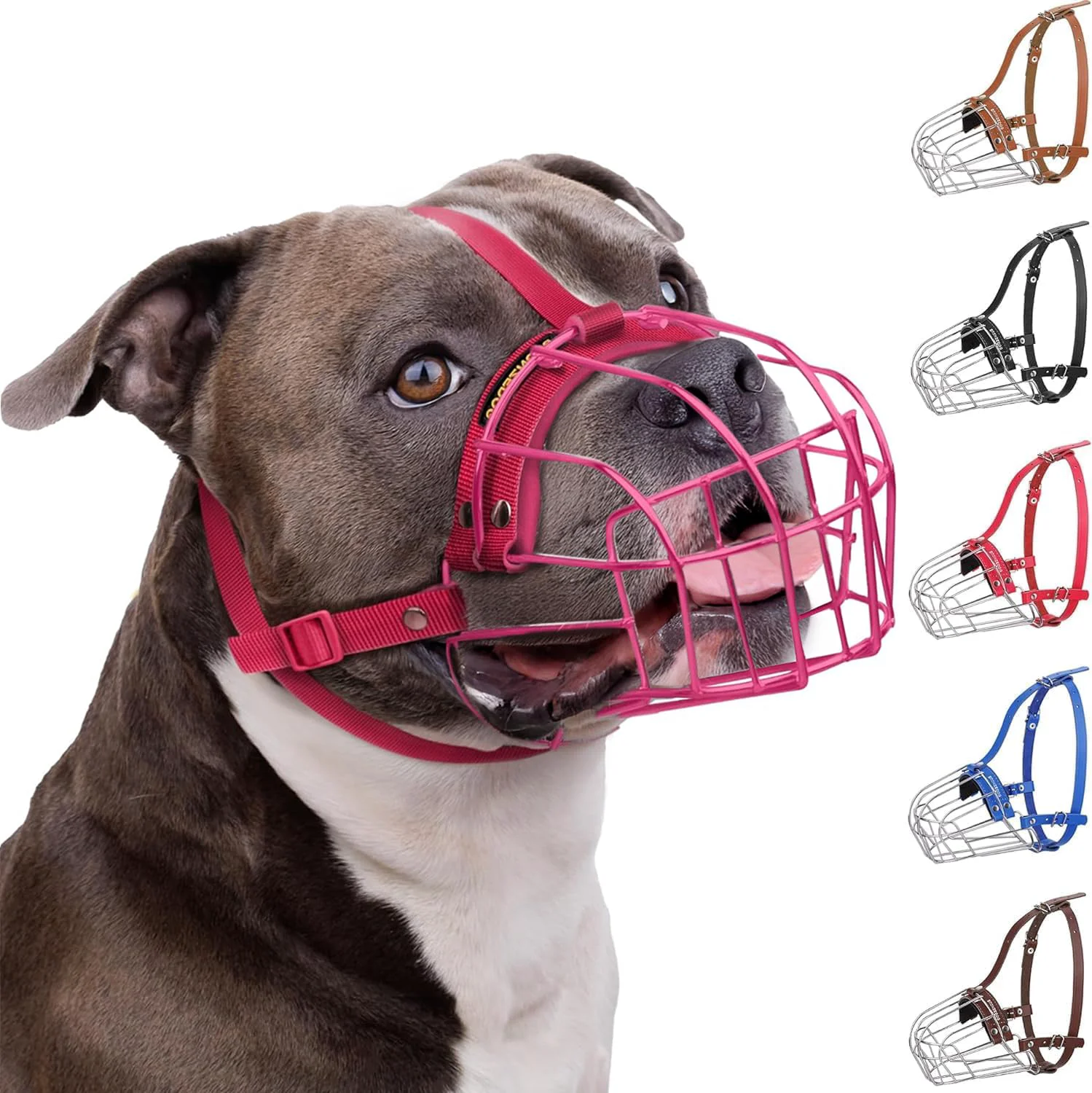 Practical BRONZEDOG Pitbull Muzzle Breathable Metal Basket for Large Dogs – Pink Adjustable Leather Straps Classic