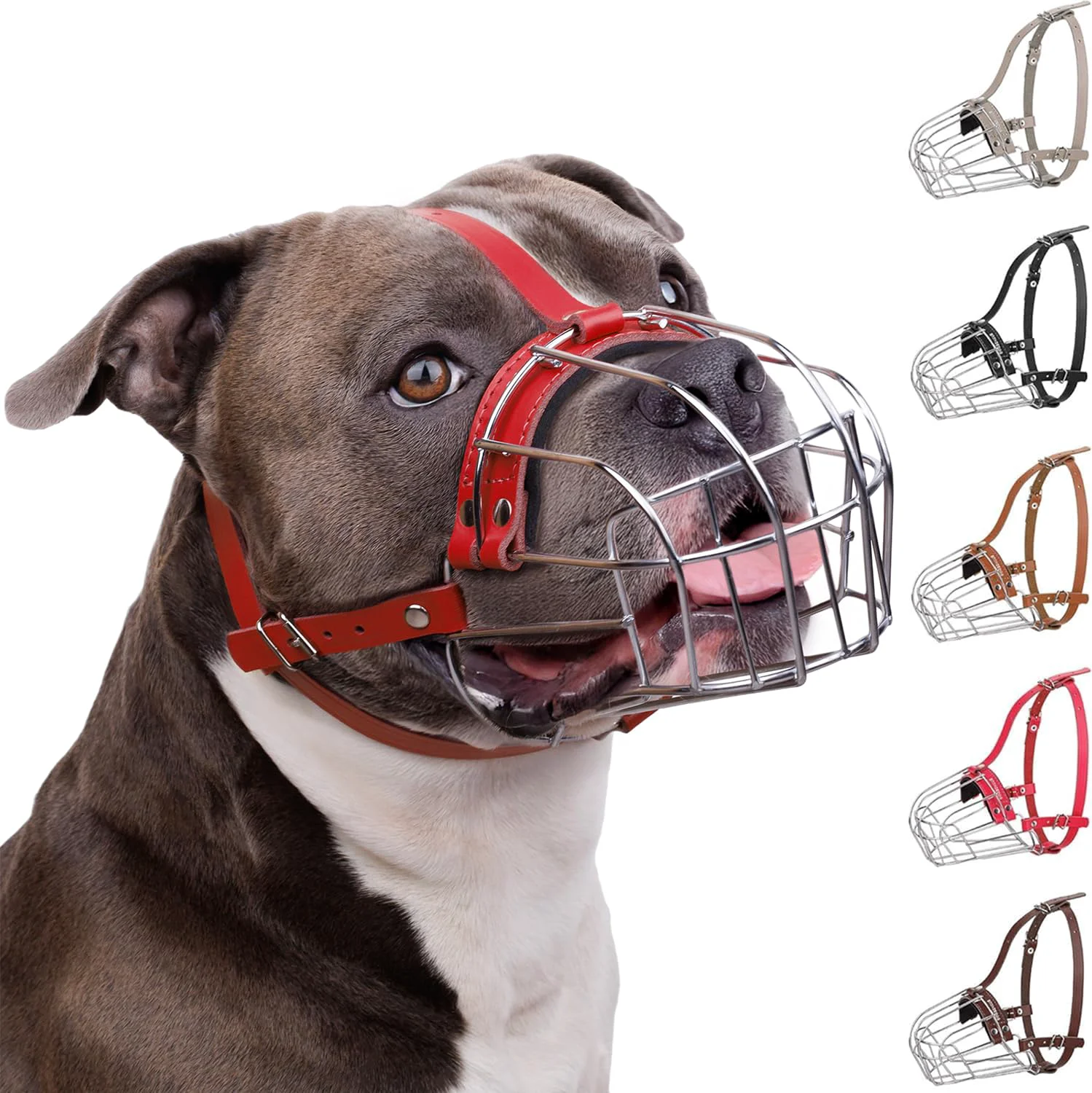 Comfortable BRONZEDOG Pitbull Muzzle – Breathable Metal Basket for Large Dogs Leather Red Refined