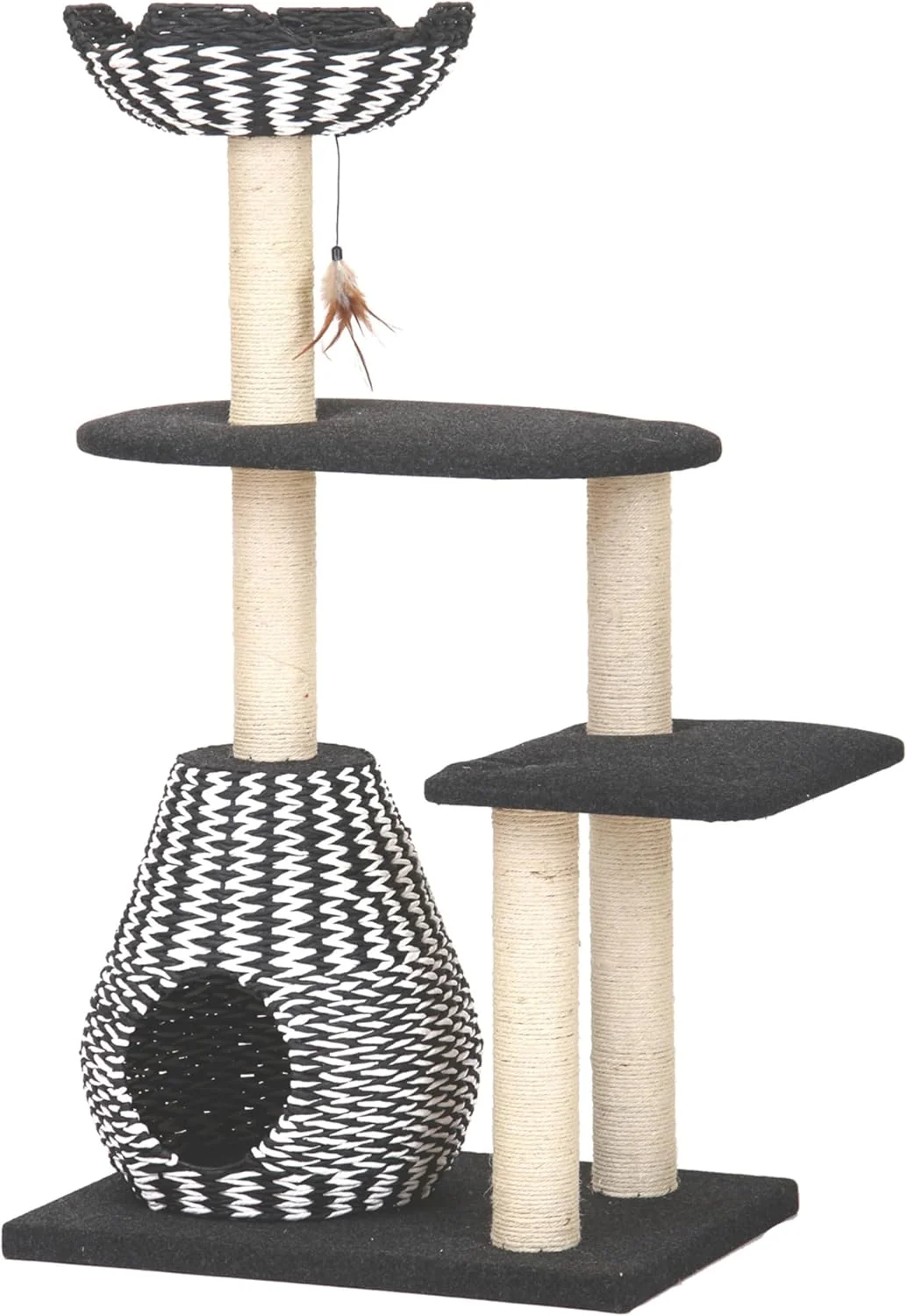 Certified PetPals Ace 4-Level Multi-Activity Cat Tree with Handwoven Recycled Paper Rope Condo and Top Nest Bed Replaceable Sisal Scratching Posts Feather Teaser Toy Black White Comfortable