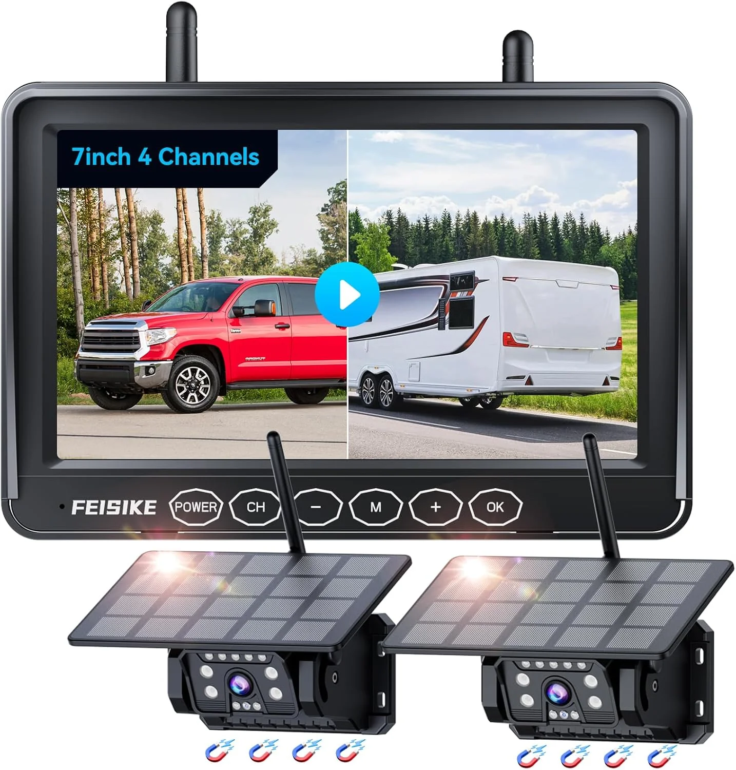 Excellent Dual Magnetic Solar Wireless Backup Camera for RV Truck Trailer 7 1080P Monitor with Recording 1-Min Install No Delay Wide View IR Night Vision 4 Channels Auto-Sleep Rechargeable Consistent